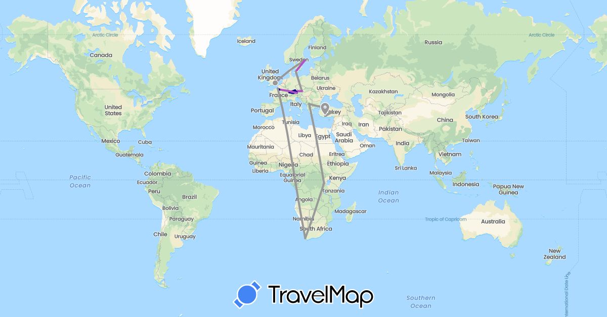 TravelMap itinerary: driving, plane, train in Austria, Switzerland, Germany, Denmark, France, United Kingdom, Rwanda, Sweden, Turkey, Kosovo, South Africa (Africa, Asia, Europe)